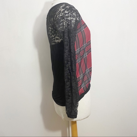 4/$25. RUE21 plaid chiffon semi sheer front lace sleeve solid back top. Medium. - Picture 5 of 9